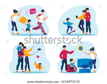 Family Relationships, Happy Parenthood Trendy Flat Vector Concepts Set. Parents with Children Fighting with Pillows, Fooling Around, Shooting Selfie Photos, Playing Video Games Isolated Illustrations