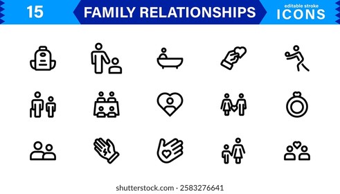 Family and Relationships Icons.Line and Outline  Illustrations for Parenting, Friendship, Love, UI UX, and Digital Design