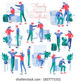 Family relationships problems set. Spouses shouting and arguing during conflicts. Misunderstanding between relationship breakup, divorce concept flat vector illustration