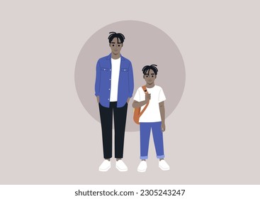 Family relationships, two characters wearing identical haircuts, relatives from different generations