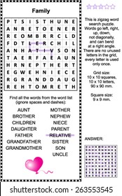 Family and relatives themed zigzag word search puzzle (suitable both for kids and adults). Answer included.
