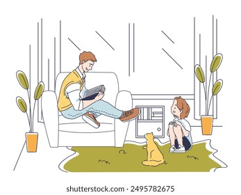 Family relax with book. Father reads book to his daughter. Fairy tales and fiction. Love of reading and literature. Hobby and leisure. Linear vector illustration isolated on white background