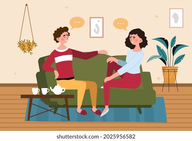 Family relax at home concept. Happy couple sitting on couch and chatting. Man and woman in their apartment. Husband and wife discuss day. Cartoon flat vector illustration for site and social network