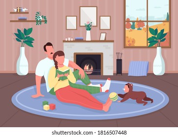 Family Relax At Home Flat Color Vector Illustration. Mother And Father Sit Together On Floor. Baby Play With Toys. Parents With Toddler 2D Cartoon Characters With Interior On Background