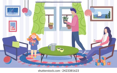 Family relaxes colorful living room. Woman sips coffee, man cares plant, child cuddles toy. Modern interior hanging lamps, wall art, windows