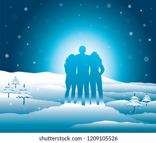 Family relaxing and enjoying beautiful snowy mountain view. Father with arms around his family. Vector illustration. Blue Ridge Mountains, North Carolina, USA.