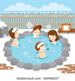 Family Relaxing In Hot Spring, Bath, Onsen, Japanese, Culture, Healthy, Season, Body