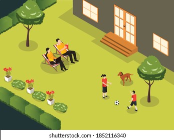 Family relaxing isometric vector concept: Father and mother reading and using a laptop while kids playing soccer with their pet