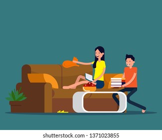Family relaxing at livingn room. Vector illustration family concept, Wife, Husband, Happiness.