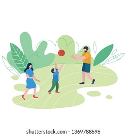 Family relaxing in nature in a beautiful urban park. Flat figures of human walking outdoors. Outdoor activities