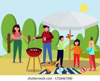 The family is relaxing in nature on a picnic. BBQ. The concept of family time. Cute flat illustration