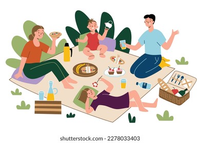 Family relaxing on picnic, adults and children eating and drinking outdoors, hand drawn vector composition, vector cartoon characters, kids having fun outside, food and snacks on picnic blanket