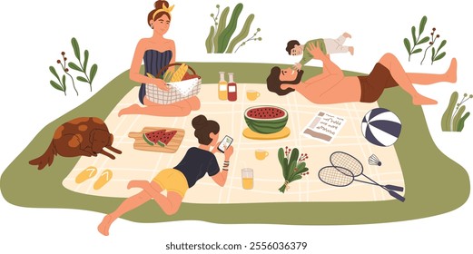 Family relaxing on picnic blanket, eating watermelon and other fresh food, playing badminton, using phone, and taking care of baby and dog, enjoying summer day outdoor