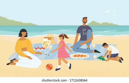 Family Relaxing At A Picnic On The Seashore. Mother And Father Playing With Their Childern On The Beach. Parents With Kids Having Fun And Eating Food By Seaside. Flat Illustration With Landscape View.