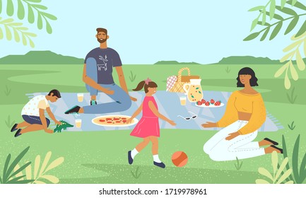 Family Relaxing At A Picnic In Park. Mother And Father Playing With Their Childern On The Lawn. Parents With Kids Having Fun And Eating Food Outside. Flat Illustration With Landscape View.