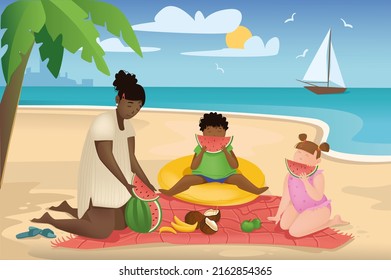 Family relaxing in seaside resort concept in flat cartoon design. Mom, son and daughter having summer picnic, eating watermelon and sitting on beach. Vector illustration with people scene background