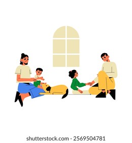 Family Relaxing Together At Home With Parents And Children In Flat Vector Illustration Symbolizing Bonding, Togetherness, And Parenting, Isolated On White Background.