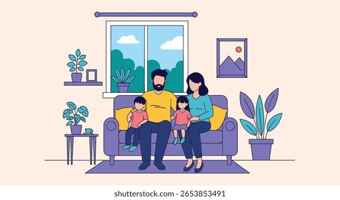 Família relaxando juntos em um sofá confortável em uma sala de estar moderna cheia de plantas e luz natural de uma grande janela apresentando uma paisagem verde ao ar livre