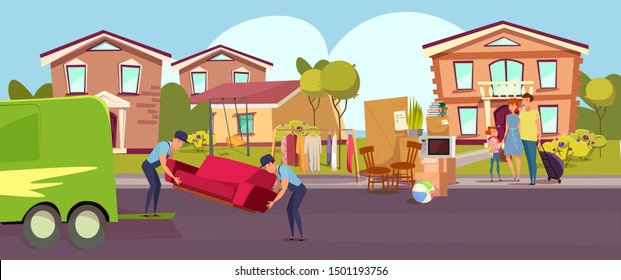 Family relocating, moving flat vector illustration. Happy couple with child and workers in uniform cartoon characters. Movers loading sofa in van. Transportation business, freight service