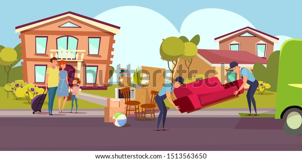 Family relocating, moving flat vector
illustration. Happy couple with child and workers in uniform
cartoon characters. Movers loading sofa in van. Transportation
business, freight
service