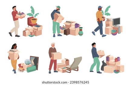 Reubicación familiar con cajas. Servicio de empaquetado y mudanza con cajas y cajas, familiares moviéndose con cosas y montones de cajas. Ilustración vectorial. Personajes femeninos y masculinos cargando cosas