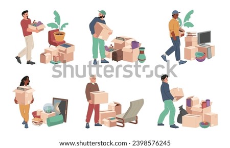 Family relocation with boxes. Packing and moving service with boxes and crates, family members moving with stuff and piles of boxes. Vector illustration. Female and male characters carrying things