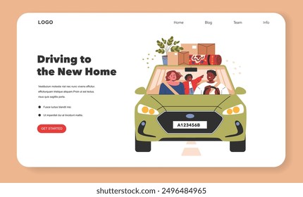 Family relocation concept. A cheerful family drives a car full of belongings to a new home. Exciting new beginning and moving day adventure. Vector illustration.