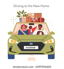 Family Relocation concept. Joyful family with packed belongings drives to their new home, radiating excitement. New beginnings, journey, transition. Vector illustration.