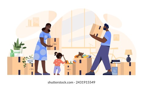 Family with relocation concept. Man and woman with kid near cardboard boxes with things. Transportation to new home, migration. Cartoon flat vector illustration isolated on white background