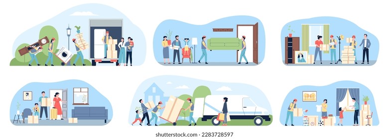 Family relocation in new apartment. Moving mother with things and boxes. Delivery logistic service and furniture transportation, recent vector scenes