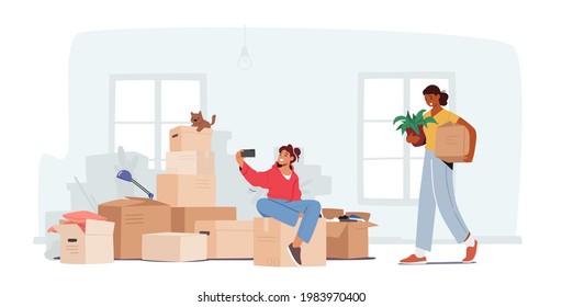 Family Relocation in New House Concept. Happy Girl Teenager Sitting on Carton Boxes Making Selfie, Mother Carry Things and Potted Plant into Wide Light Room. Cartoon People Vector Illustration