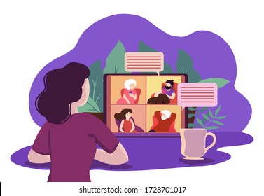 Family remote video call. Elderly parents, grandparents and young people meeting in online chat in lockdown. Friends in internet  during covid-19 quarantine. Vector virtual distant conference