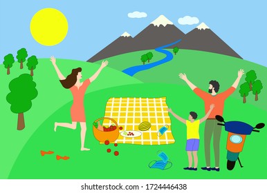 Family removed medical masks and ready to have a picnic on the nature. End of quarantine. Outdoor activities. Remove mask. Outside of house. Freedom. Covid-19. Pandemic crisis end. Stop lockdown. 
