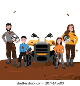 La familia alquiló ATVs. Los niños y los padres practican deportes. Ilustración vectorial. La gente está manchada de risa en el barro