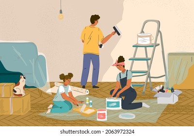 Family repair home and paint walls together. Vector illustration. People wallpapering and painting wall in apartment. House renovation, room decorating, repair apartment