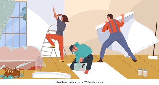 Family repair home and paint walls together. Vector illustration. People wallpapering and painting wall in apartment. House renovation, hand drawn vector illustration.