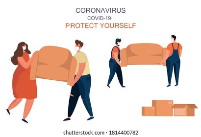Family Repairing Home during Quarantine.House Renovation.Workers Wear Medical Mask Repairing Room in New Home.Relocation and Moving to New House during Coronavirus Covid 19.Vector Flat Illustration.