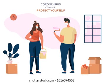 Family Repairing Home during Quarantine.House Renovation.Workers Wear Medical Mask Repairing Room in New Home.Relocation and Moving to New House during Coronavirus Covid 19.Vector Flat Illustration.