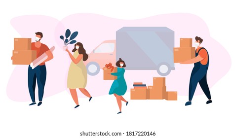 Family Repairing Home During Quarantine.House Renovation.Workers Wear Medical Mask Repairing Room In New Home.Relocation And Moving To New House During Coronavirus Covid 19.Vector Flat Illustration.