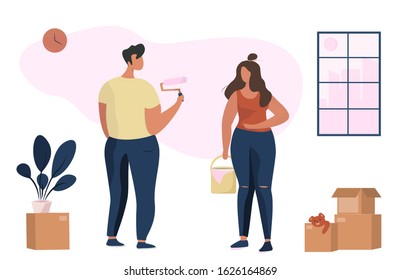 Family repairing home. House Renovation. Repairing Living Room in New Home. Man and woman repairing a wall in home. Moving to new house. Colorful vector flat illustration.