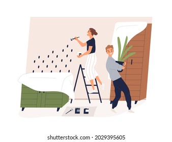 Family repairing home interior together. Young happy couple of man and woman redecorating living room, painting and decorating wall in apartment. Flat vector illustration isolated on white background