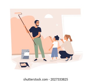 Family repairing home together. Mother, father and kid painting wall in apartment. Happy parents and child redecorate room with paint and roller. Flat vector illustration isolated on white background