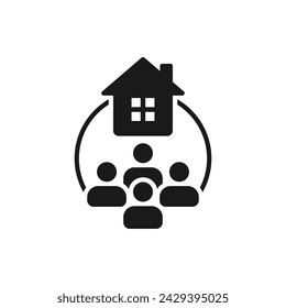 Family residence. Group of people with house icon flat style isolated on white background. Vector illustration