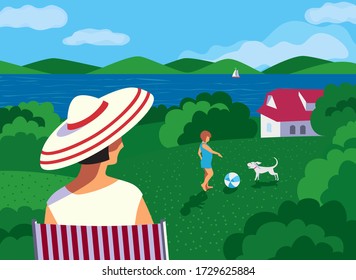 Family rest in farm house flat vector. Stay home vacation enjoy cartoon illustration. Family social distancing leisure activity in village house backyard. Leisure time activity outside town backgound