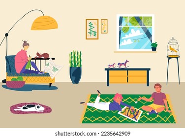 Family rest at home, vector illustration, happy woman mother character knitting at living room, children people leisure at carpet, play board game.