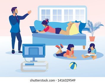 Family Rest in Living Room Illustration. Father Talks on Phone. Mother Types on Laptop Lying on Sofa. Girl Listens Sister Reading Book to Cat. Different People Activities at Home Vector Flat Cartoon