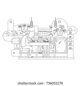 Family in the restaurant. Mom, dad and son having lunch. Terrace with table, sea view.  Linear drawing 