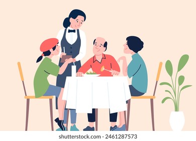 Family in restaurant. Waiter takes order in cafe, parents and kid have lunch or dinner. Happy time together, outdoor breakfast, recent vector scene