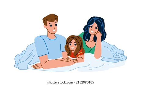 Family Resting In Bedroom Togetherness Vector. Father Mother And Daughter Laying On Bed And Relaxing Together In Bedroom. Characters Man, Woman And Girl Kid Enjoying Flat Cartoon Illustration