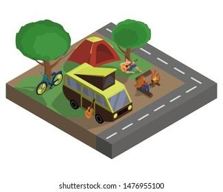 Family resting in nature, eco tourism, camping. Isometric vector 3D illustration.  Camp with tent, van, picnic on nature, vacation concept. Forest landscape. Travel, tourism by car, encampment objects